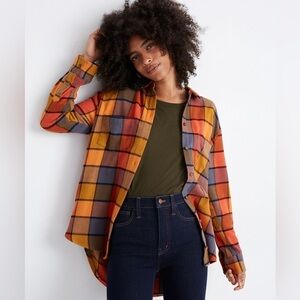 Madewell Flannel Sunday Shirt in Emmy Plaid Orange and Blue Button Down - XXS